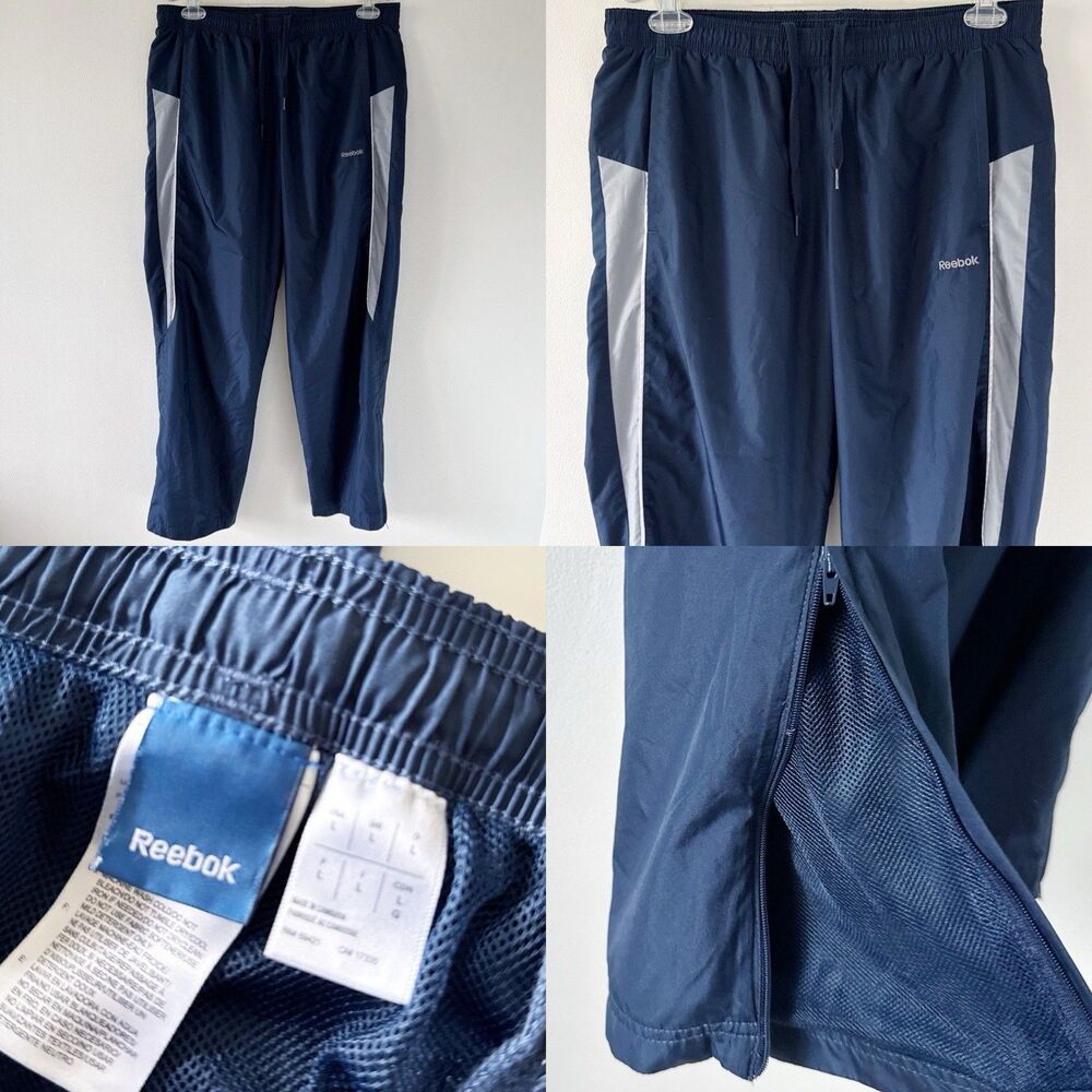Vtg Reebok Men Wind Pants Large Woven Mesh Lined Zippered Ankles Athletic Navy L